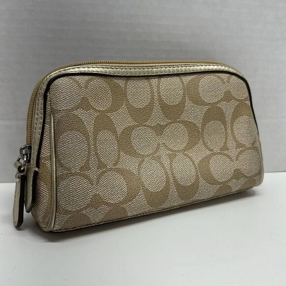 Coach Handbags - Coach Cosmetic Bag Travel Top Zip Small Clutch Purse Signature C Logo Brown Tan
